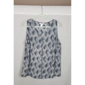 Christopher Banks Top Blouse Large Button Front Navy Blue White Geometric Classy